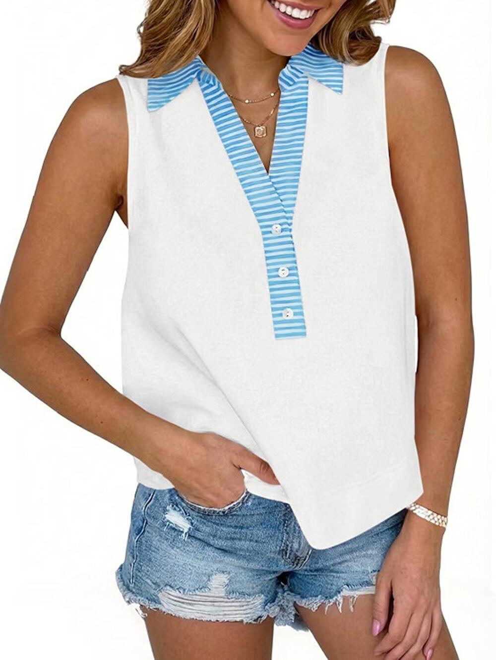 Tankaneo Women V Neck Button Up Tank Top White Blue Size Small New